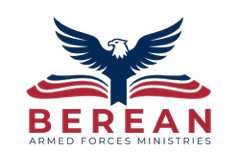 Logo art showing blue bald eagle above open book art, words of Berean Armed Forces Ministries